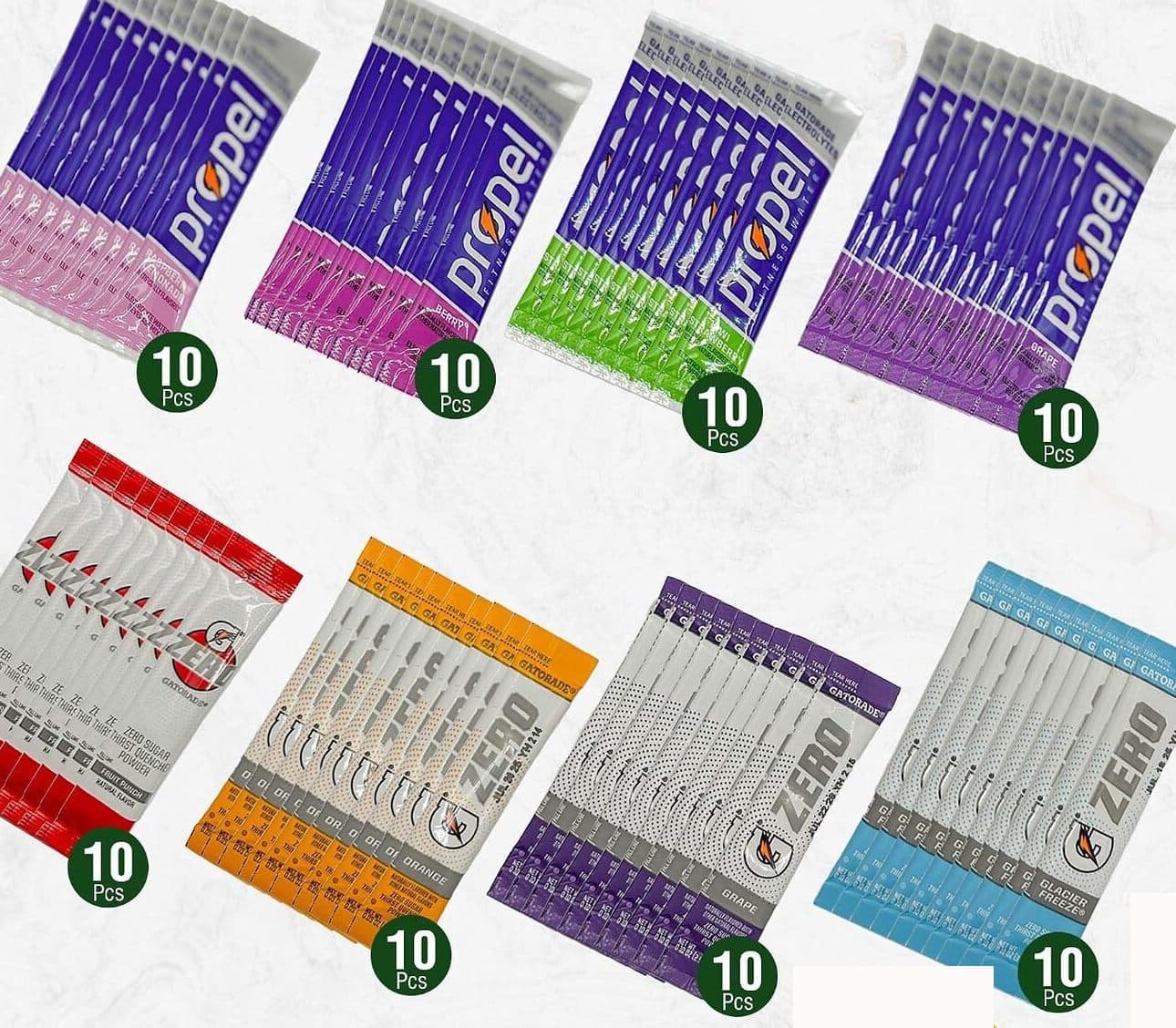 The eight flavor groups inside the Propel + Gatorade Box, ten packets of each