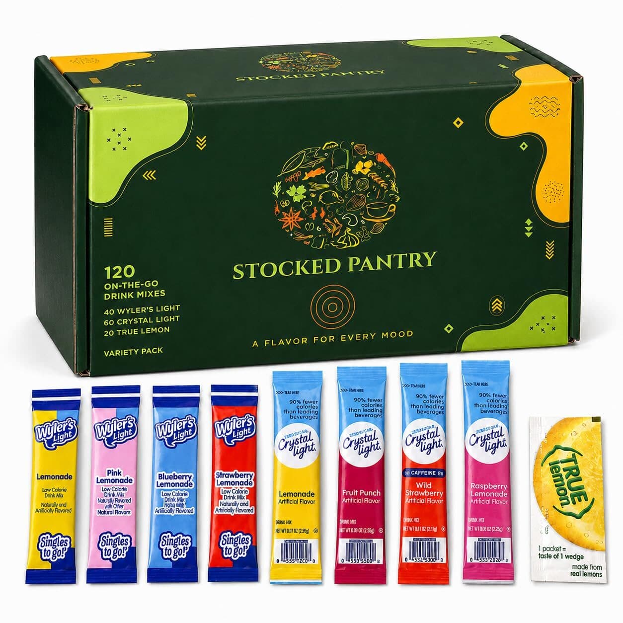 The Stocked Pantry Lemonade Box with its nine drink mix sticks fanned in front